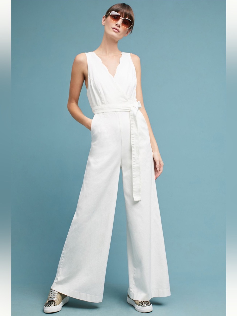 Anthropologie Scalloped Chino Wide-Leg Jumpsuit in Ivory Size 12